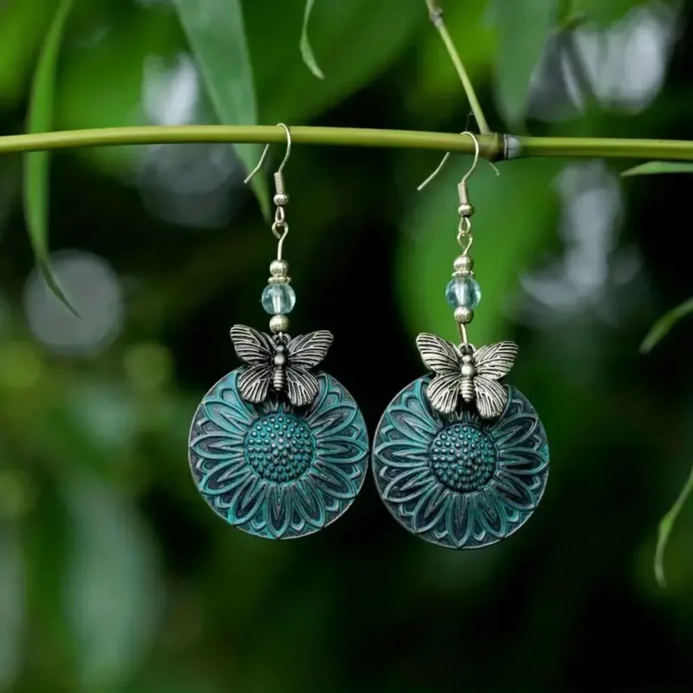 New - Bohemian Round Blue Sunflower and Butterfly Drop Earrings